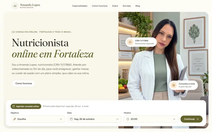 Primeira tela do site Amanda Lopes