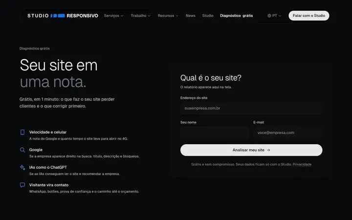 Primeira tela do site Diagnóstico grátis