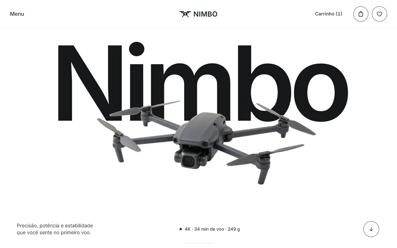 Página do drone Nimbo, com o nome gigante atrás do drone